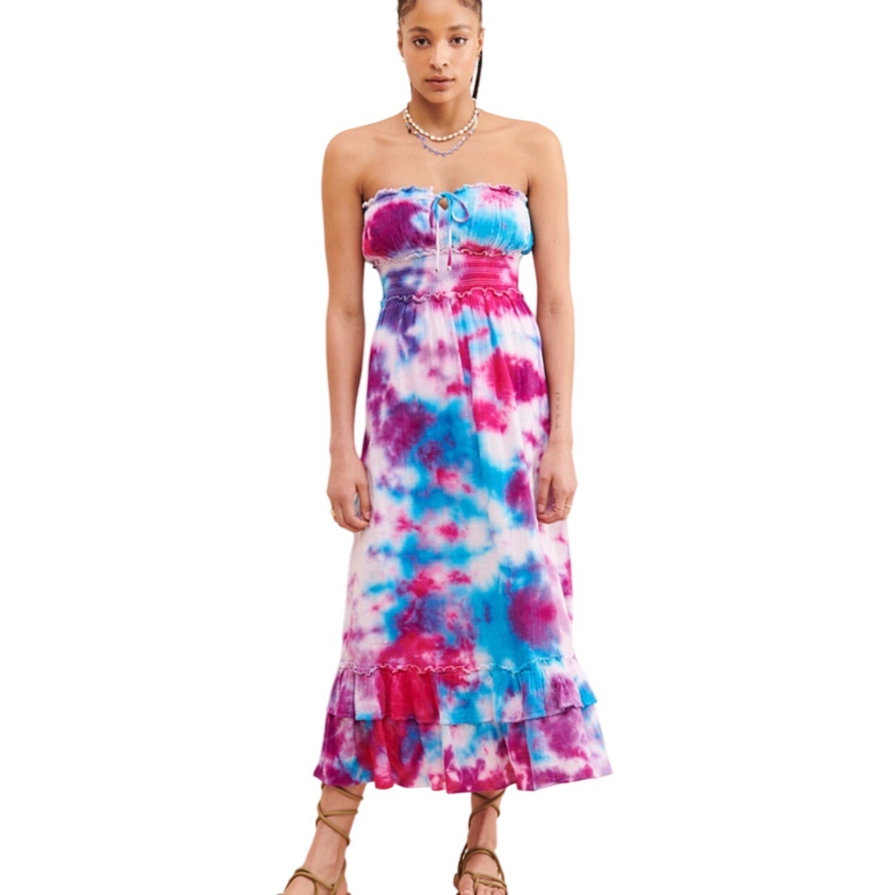 Steele Hum+Bee Sayulita Sunset Strapless Midi Dress Pink Blue Tie Dye Boho